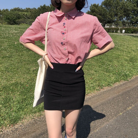 Gingham check embroidery shirt <red>
