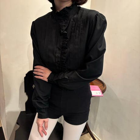 Vintage black frill stand collar blouse