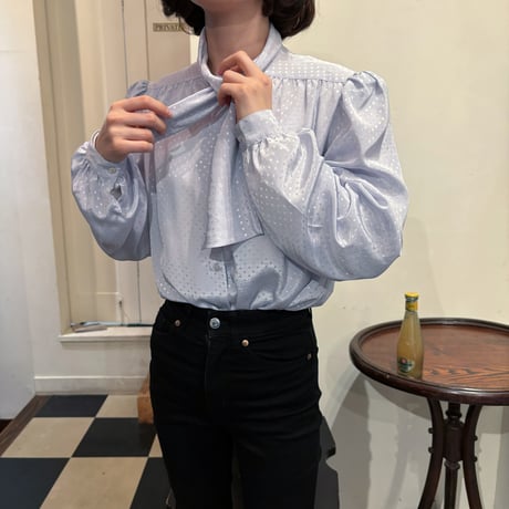 Vintage baby blue dot tie blouse