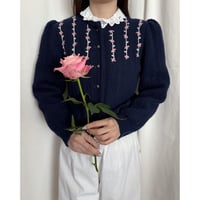 Vintagd puff sleeve floral embroidery cardigan