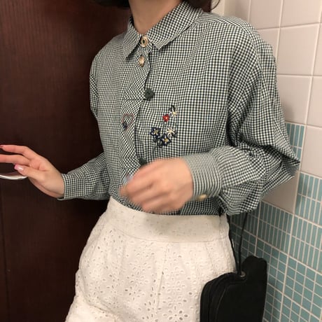 Heart embroidery check shirt