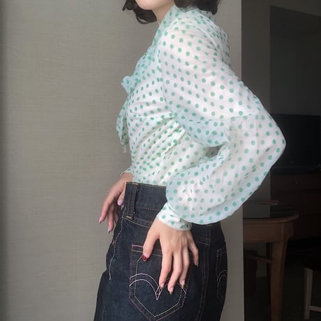 Baby green dot bowtie blouse