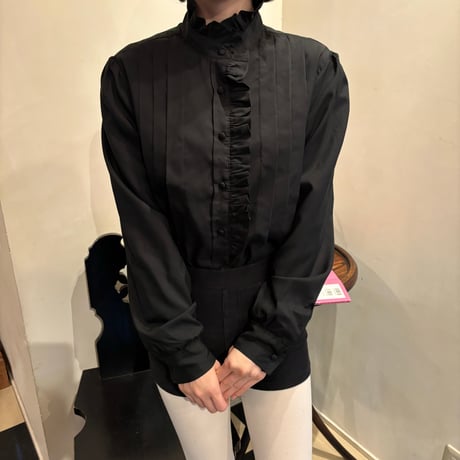 Vintage black frill stand collar blouse