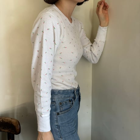 Vintage floral thermal tops【pink × green】