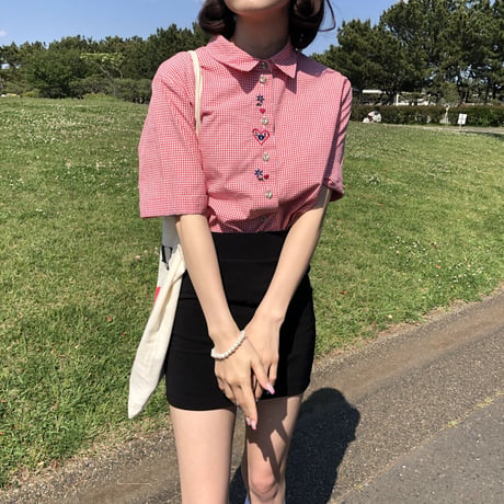 Gingham check embroidery shirt <red>