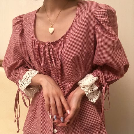 gingham check cotton lace blouse