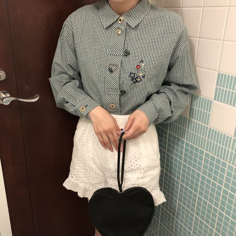 Heart embroidery check shirt