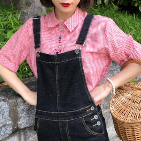 Gingham check embroidery shirt <red>