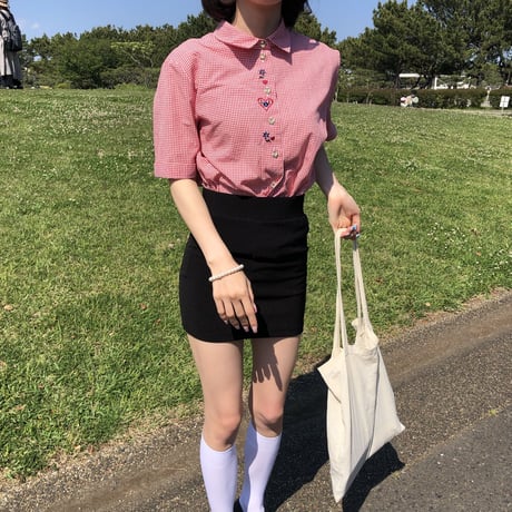 Gingham check embroidery shirt <red>