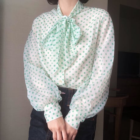 Baby green dot bowtie blouse