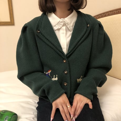 French green puff sleeve cardigan