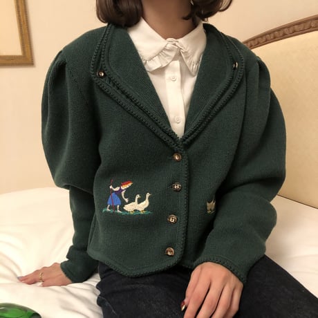 French green puff sleeve cardigan