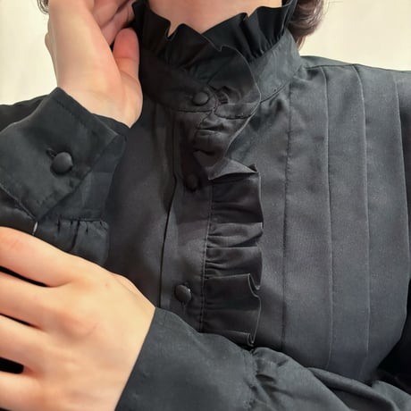 Vintage black frill stand collar blouse