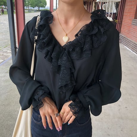 Black frill lace see-through blouse