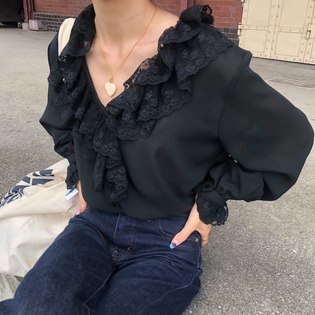 Black frill lace see-through blouse