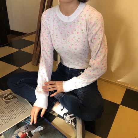Vintage floral thermal tops【pink × green】