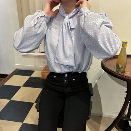 Vintage baby blue dot tie blouse