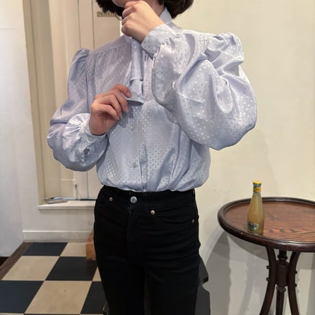 Vintage baby blue dot tie blouse