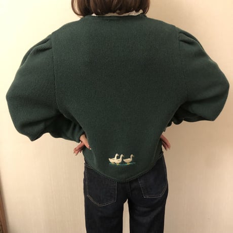 French green puff sleeve cardigan