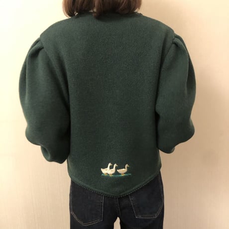 French green puff sleeve cardigan