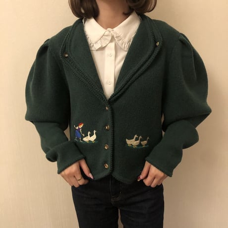 French green puff sleeve cardigan