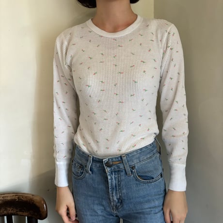 Vintage floral thermal tops【pink × green】