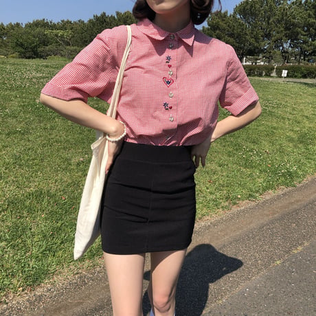 Gingham check embroidery shirt <red>