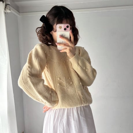 Vintage cherry embroidery short knit