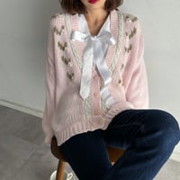Vintage baby pink floral embroidery cardigan