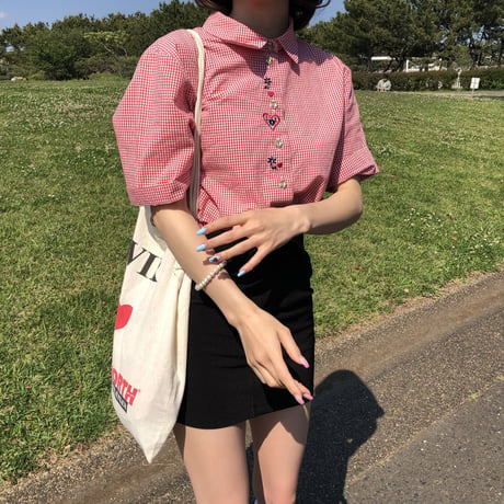 Gingham check embroidery shirt <red>