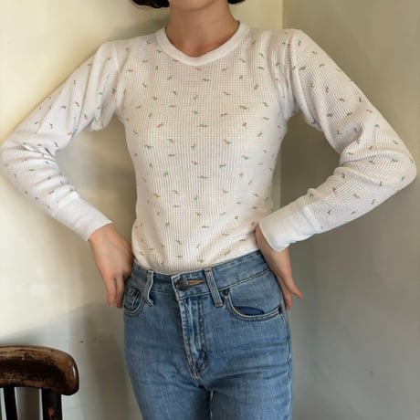 Vintage floral thermal tops【pink × green】