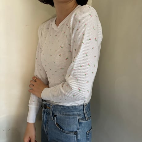 Vintage floral thermal tops【pink × green】