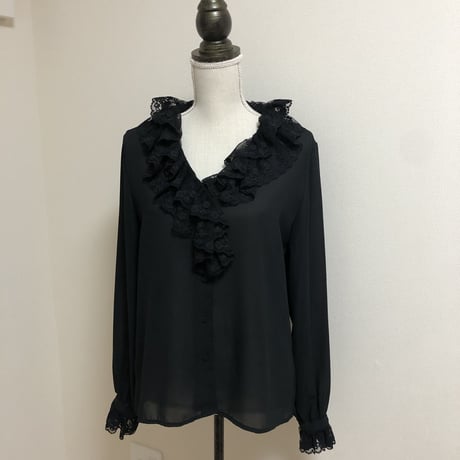 Black frill lace see-through blouse