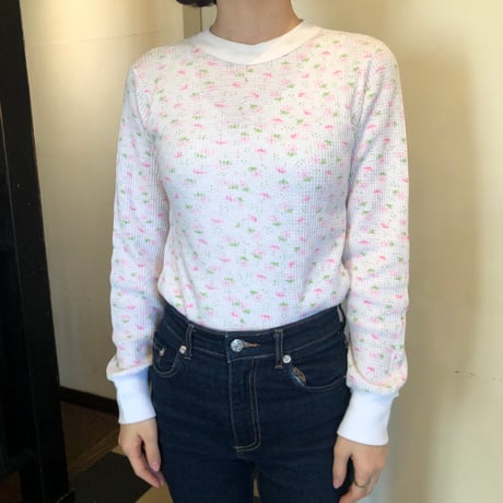 Vintage floral thermal tops【pink × green】