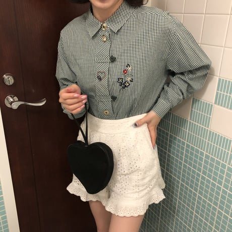Heart embroidery check shirt