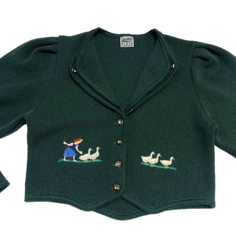 French green puff sleeve cardigan