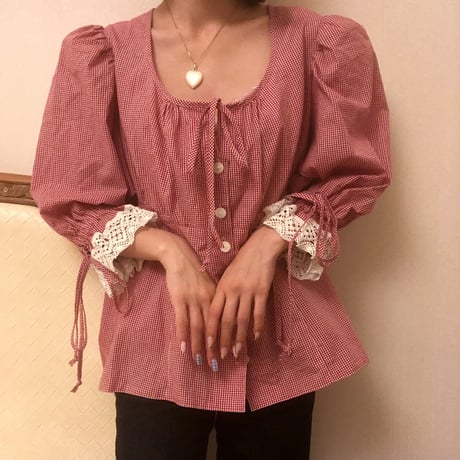 gingham check cotton lace blouse
