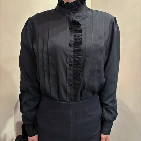 Vintage black frill stand collar blouse