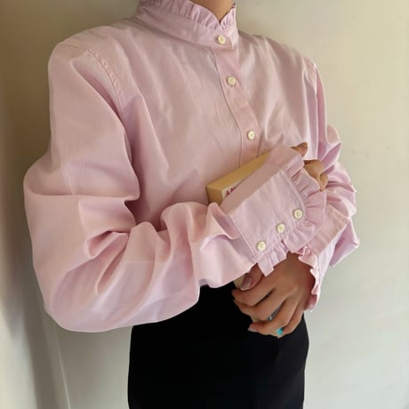 Vintage pink frill stripe blouse
