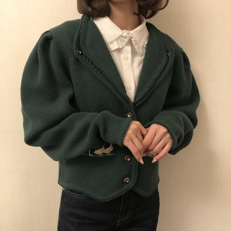 French green puff sleeve cardigan