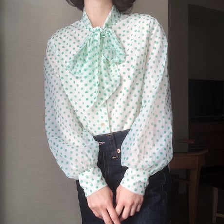 Baby green dot bowtie blouse