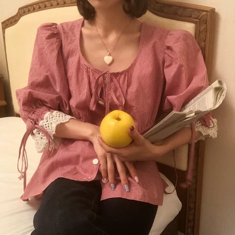 gingham check cotton lace blouse