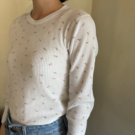 Vintage floral thermal tops【pink × green】