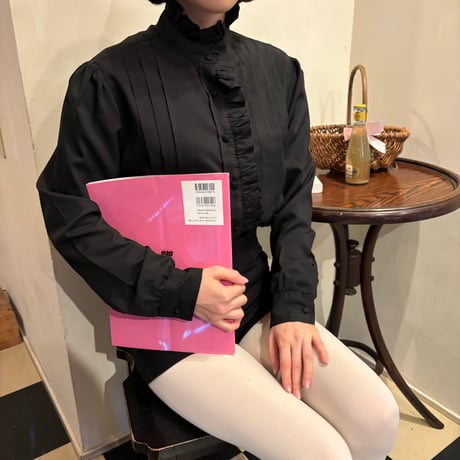 Vintage black frill stand collar blouse