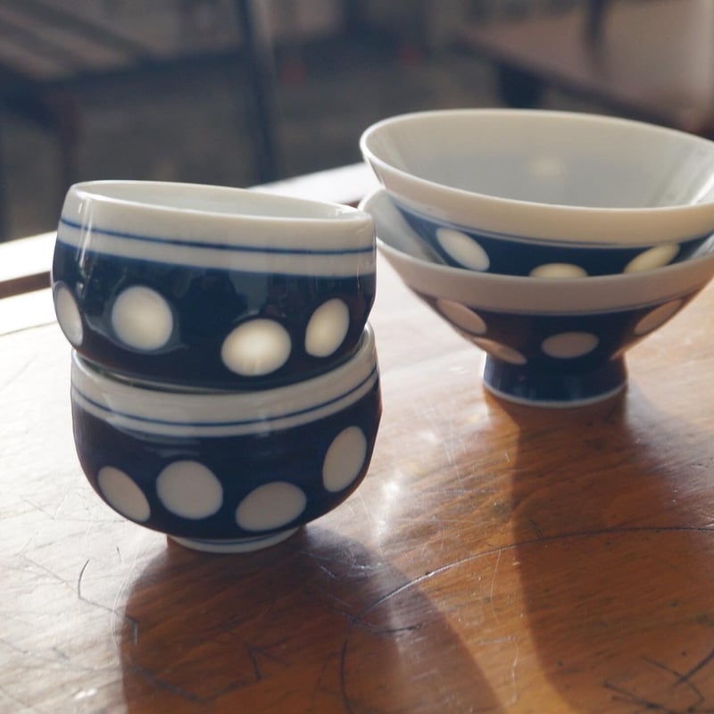 ルリ水玉 茶碗＆湯呑み 各2個セット | 安濃古道具店