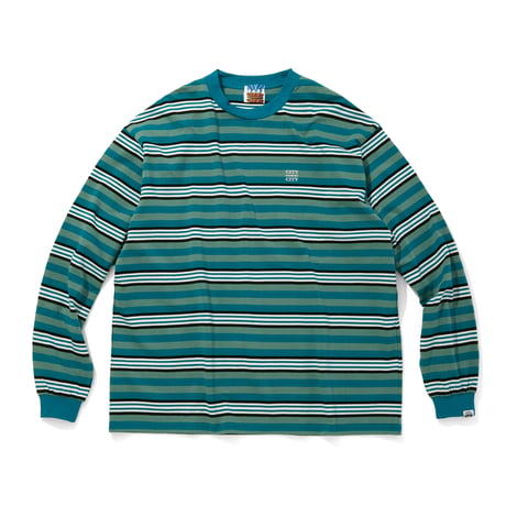 EMBROIDERED LOGO MULTI BORDER L/S T-SHIRT_GREENxWHITE