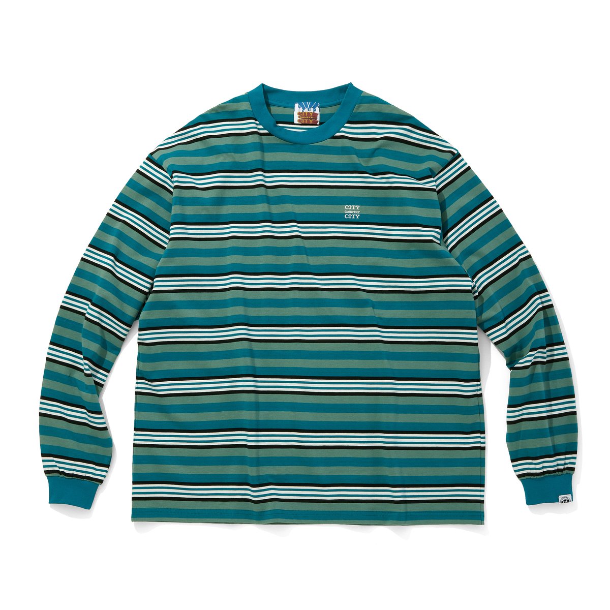 EMBROIDERED LOGO MULTI BORDER L/S T-SHIRT_GREEN