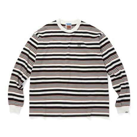 EMBROIDERED LOGO MULTI BORDER L/S T-SHIRT_BROWNxWHITE