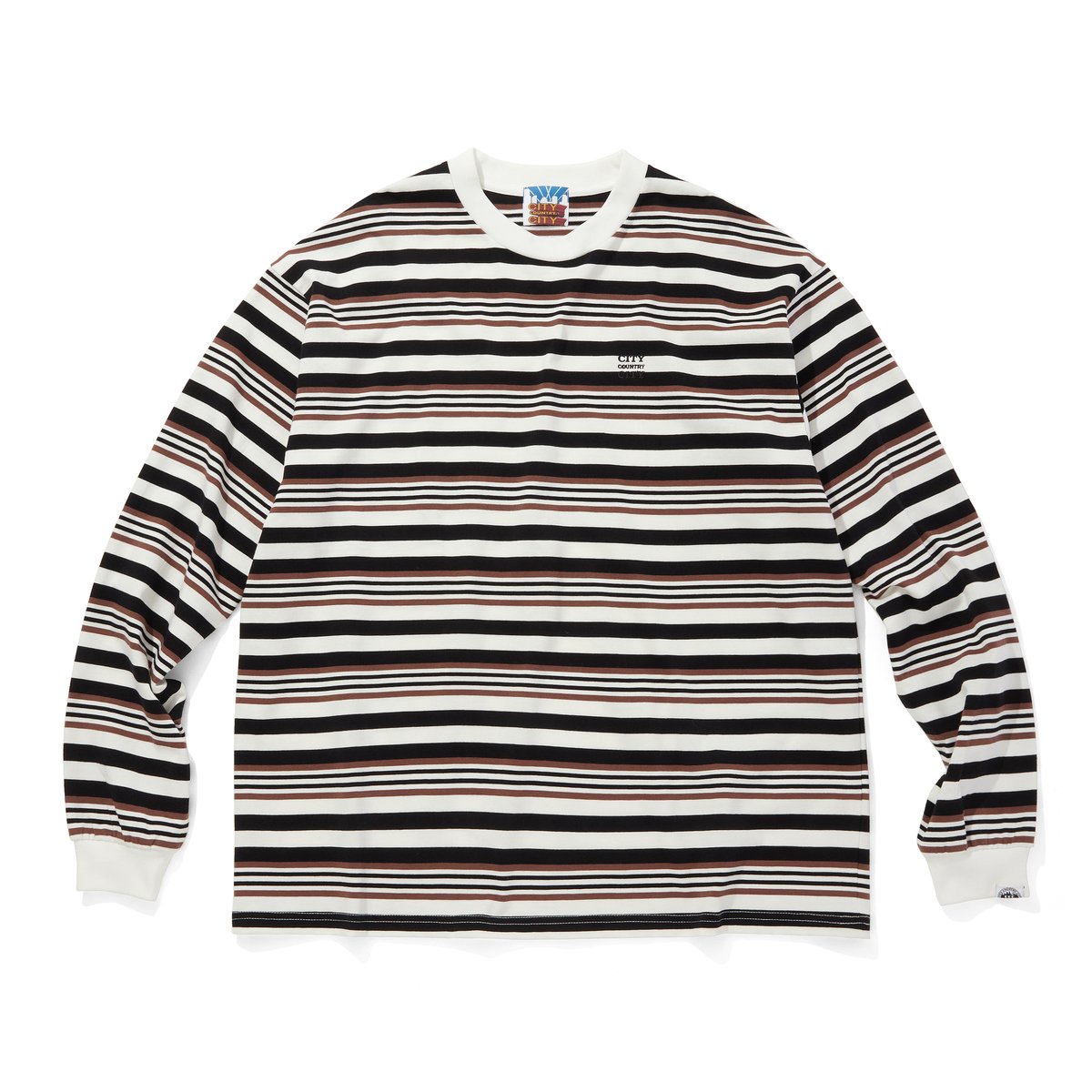 EMBROIDERED LOGO MULTI BORDER L/S T-SHIRT_BROWN