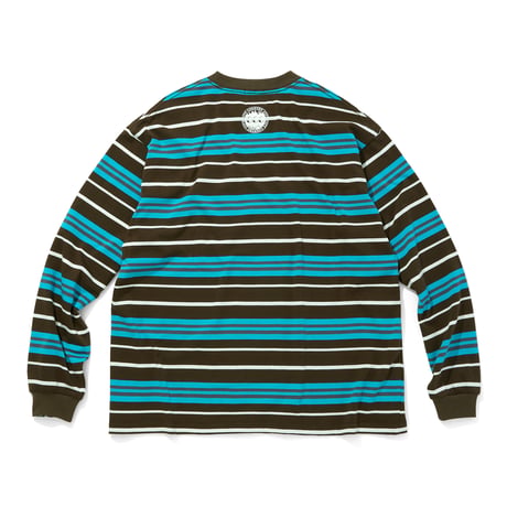 EMBROIDERED LOGO MULTI BORDER L/S T-SHIRT_BROWNxBLUE